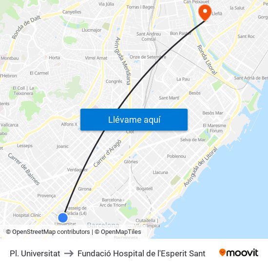 Pl. Universitat to Fundació Hospital de l'Esperit Sant map