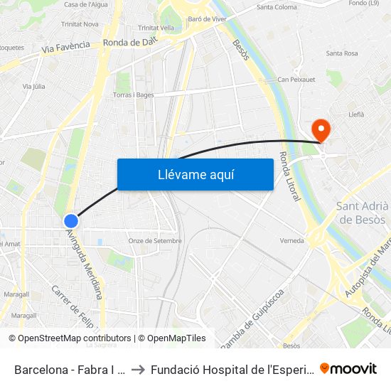 Barcelona - Fabra I Puig to Fundació Hospital de l'Esperit Sant map