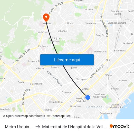 Metro Urquinaona to Maternitat de L'Hospital de la Vall Hebron map