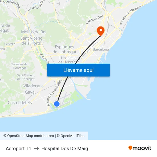 Aeroport T1 to Hospital Dos De Maig map