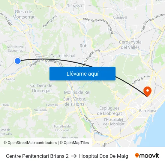 Centre Penitenciari Brians 2 to Hospital Dos De Maig map