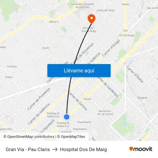 Gran Via - Pau Claris to Hospital Dos De Maig map