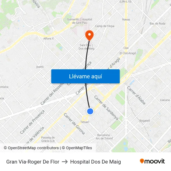 Gran Via-Roger De Flor to Hospital Dos De Maig map