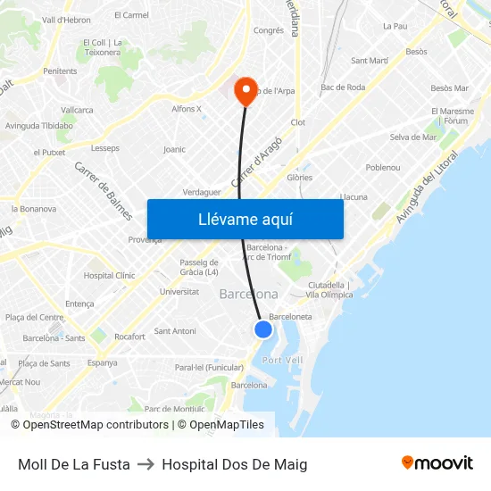 Moll De La Fusta to Hospital Dos De Maig map