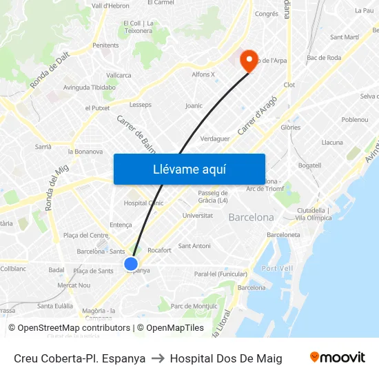 Creu Coberta-Pl. Espanya to Hospital Dos De Maig map