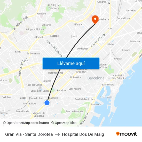 Gran Via - Santa Dorotea to Hospital Dos De Maig map
