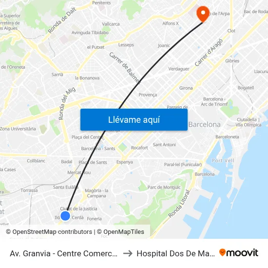 Av. Granvia - Centre Comercial to Hospital Dos De Maig map