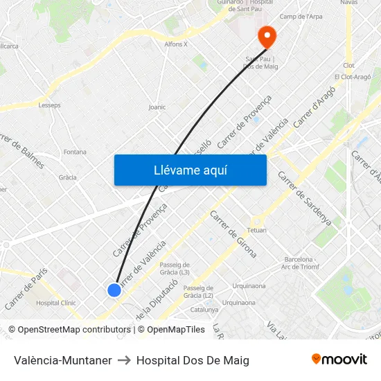 València-Muntaner to Hospital Dos De Maig map