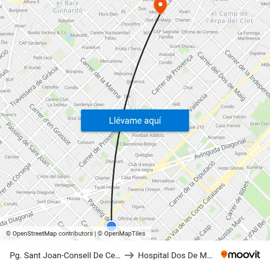 Pg. Sant Joan-Consell De Cent to Hospital Dos De Maig map