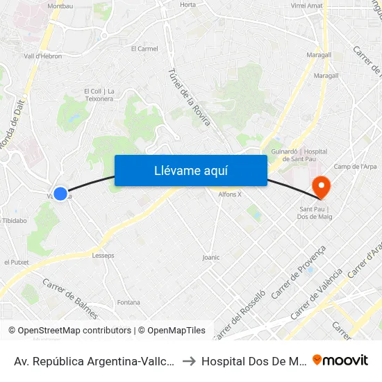 Av. República Argentina-Vallcarca to Hospital Dos De Maig map