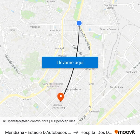 Meridiana - Estació D'Autobusos Fabra I Puig to Hospital Dos De Maig map