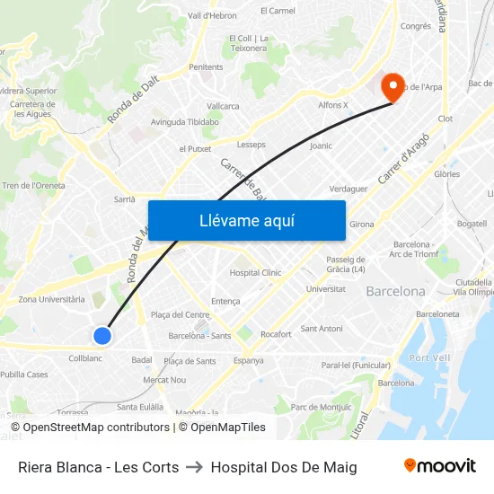 Riera Blanca - Les Corts to Hospital Dos De Maig map