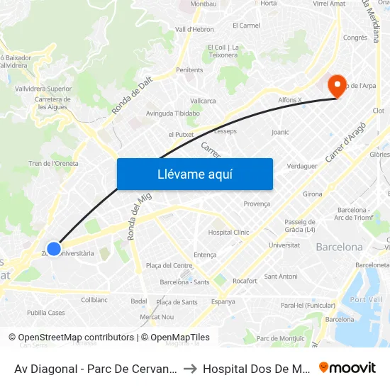 Av Diagonal - Parc De Cervantes to Hospital Dos De Maig map