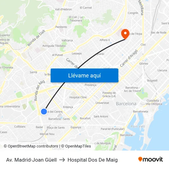 Av. Madrid-Joan Güell to Hospital Dos De Maig map