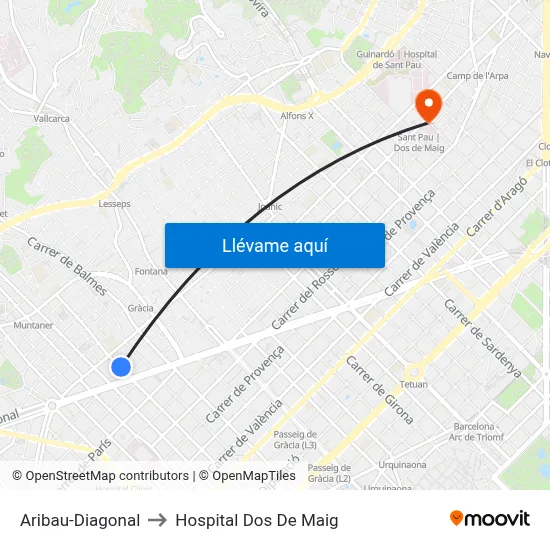 Aribau-Diagonal to Hospital Dos De Maig map