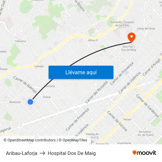 Aribau-Laforja to Hospital Dos De Maig map