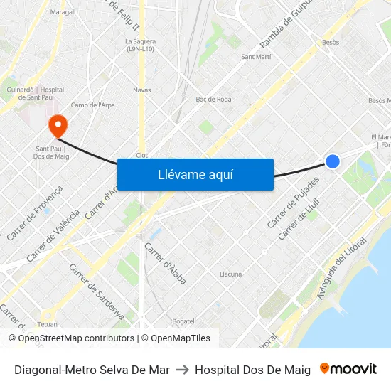 Diagonal-Metro Selva De Mar to Hospital Dos De Maig map