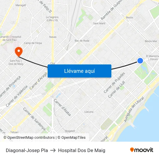 Diagonal-Josep Pla to Hospital Dos De Maig map