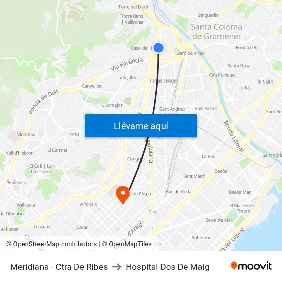 Meridiana - Ctra De Ribes to Hospital Dos De Maig map