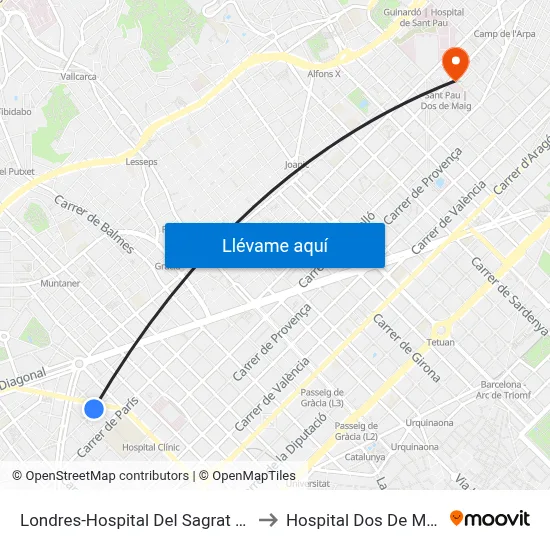 Londres-Hospital Del Sagrat Cor to Hospital Dos De Maig map