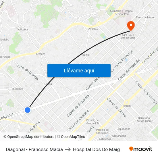 Diagonal - Francesc Macià to Hospital Dos De Maig map