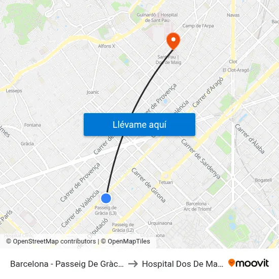Barcelona - Passeig De Gràcia to Hospital Dos De Maig map