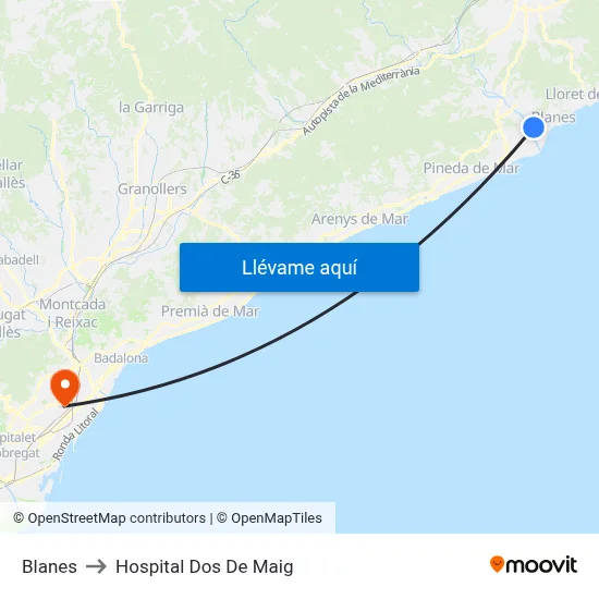 Blanes to Hospital Dos De Maig map