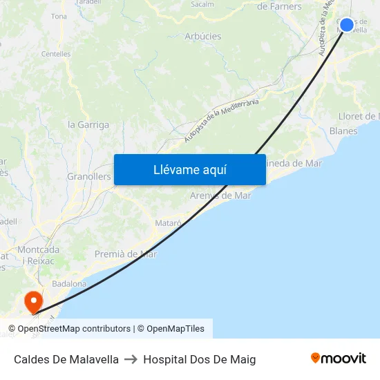 Caldes De Malavella to Hospital Dos De Maig map