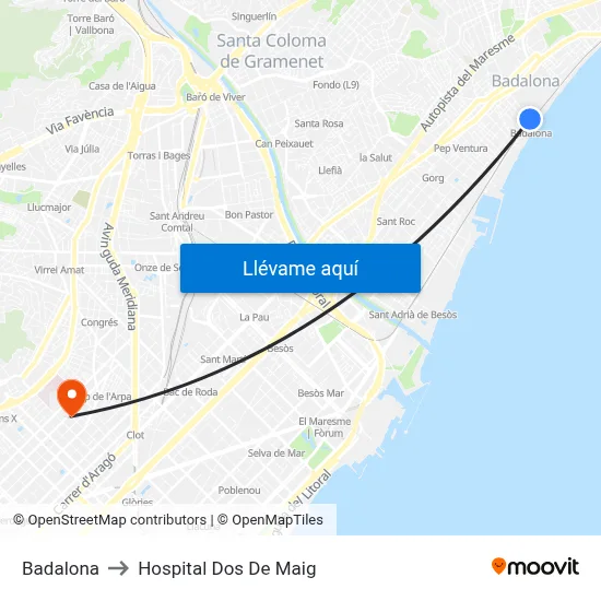 Badalona to Hospital Dos De Maig map
