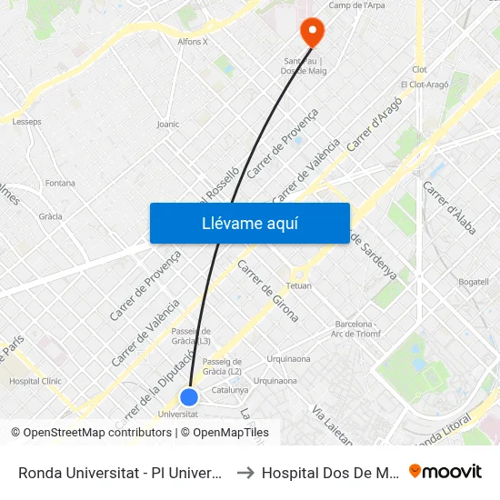 Ronda Universitat - Pl Universitat to Hospital Dos De Maig map