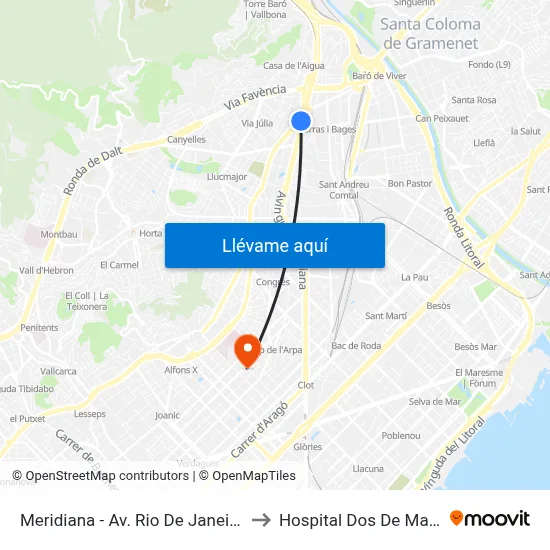 Meridiana - Av. Rio De Janeiro to Hospital Dos De Maig map