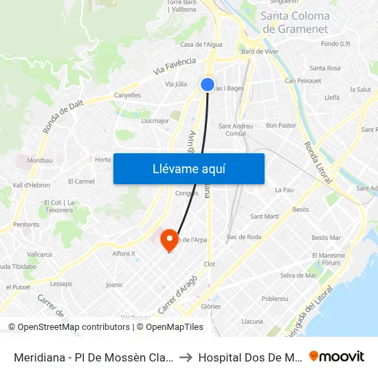 Meridiana - Pl De Mossèn Clapés to Hospital Dos De Maig map