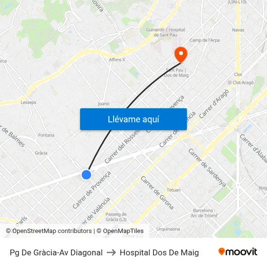 Pg De Gràcia-Av Diagonal to Hospital Dos De Maig map