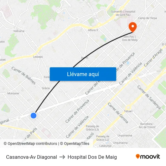 Casanova-Av Diagonal to Hospital Dos De Maig map