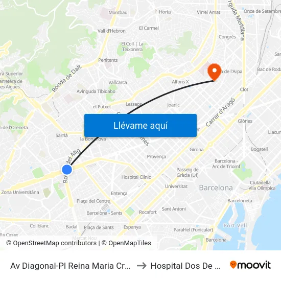 Av Diagonal-Pl Reina Maria Cristina to Hospital Dos De Maig map
