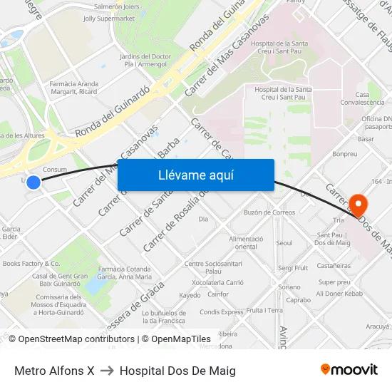 Metro Alfons X to Hospital Dos De Maig map