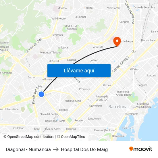 Diagonal - Numància to Hospital Dos De Maig map