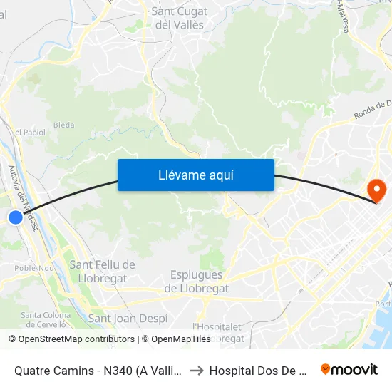 Quatre Camins - N340 (A Vallirana) to Hospital Dos De Maig map