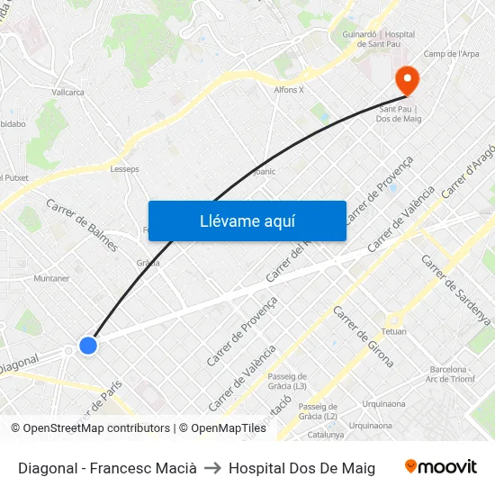 Diagonal - Francesc Macià to Hospital Dos De Maig map