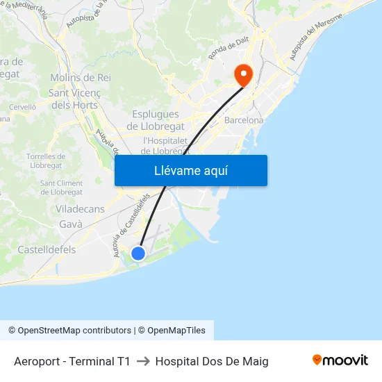 Aeroport - Terminal T1 to Hospital Dos De Maig map