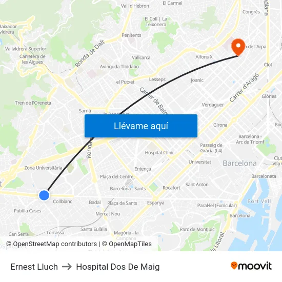 Ernest Lluch to Hospital Dos De Maig map