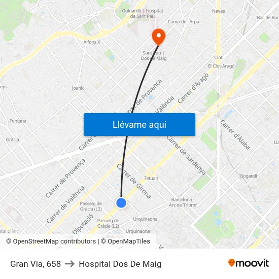 Gran Via, 658 to Hospital Dos De Maig map