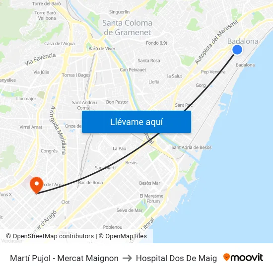 Martí Pujol - Mercat Maignon to Hospital Dos De Maig map