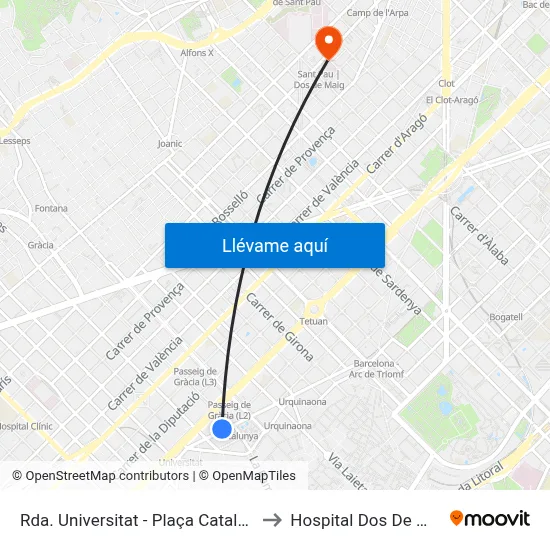 Rda. Universitat - Plaça Catalunya to Hospital Dos De Maig map