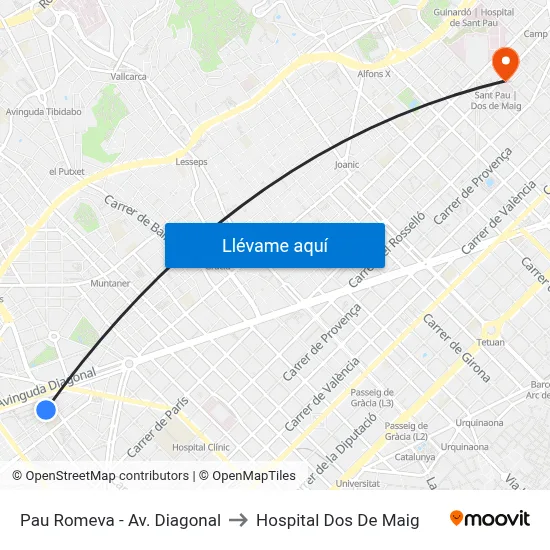 Pau Romeva - Av. Diagonal to Hospital Dos De Maig map