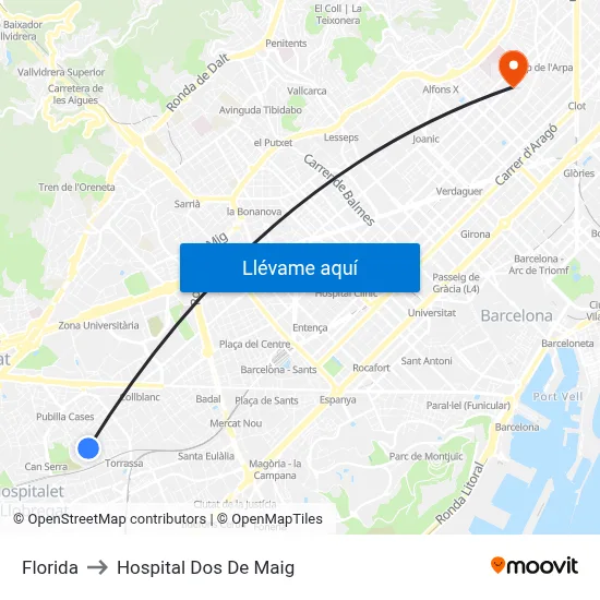 Florida to Hospital Dos De Maig map