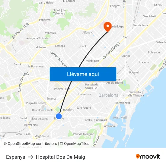 Espanya to Hospital Dos De Maig map