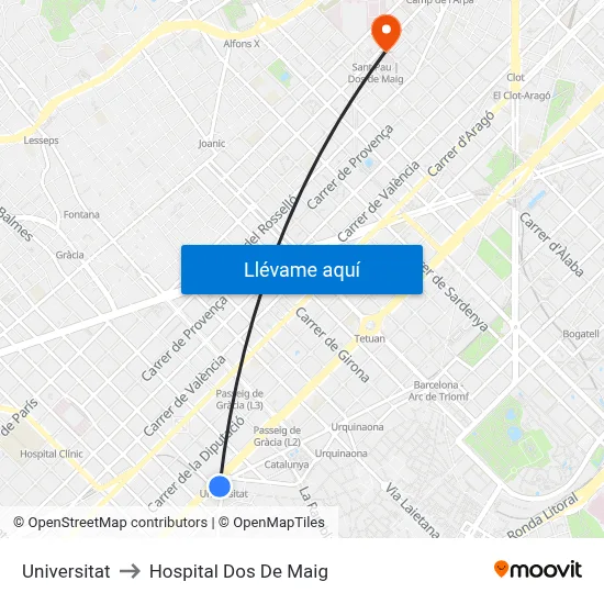 Universitat to Hospital Dos De Maig map