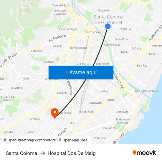 Santa Coloma to Hospital Dos De Maig map