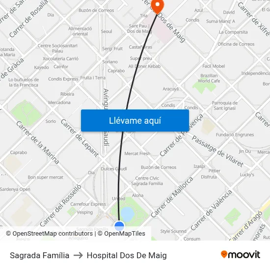 Sagrada Família to Hospital Dos De Maig map